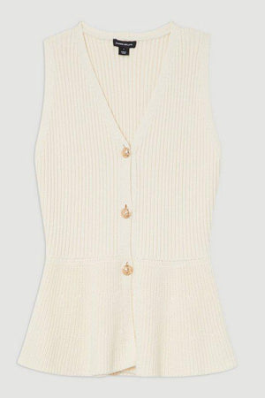 Karen Millen UK SALE Ribbed Cotton Knitted Waistcoat - cream