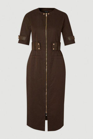 Karen Millen UK SALE Cotton & Faux Leather Tab Utility Midi Dress - chocolate