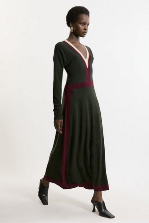Karen Millen UK SALE Wool Blend With Cashmere V Neck Colour Block Dress - olive