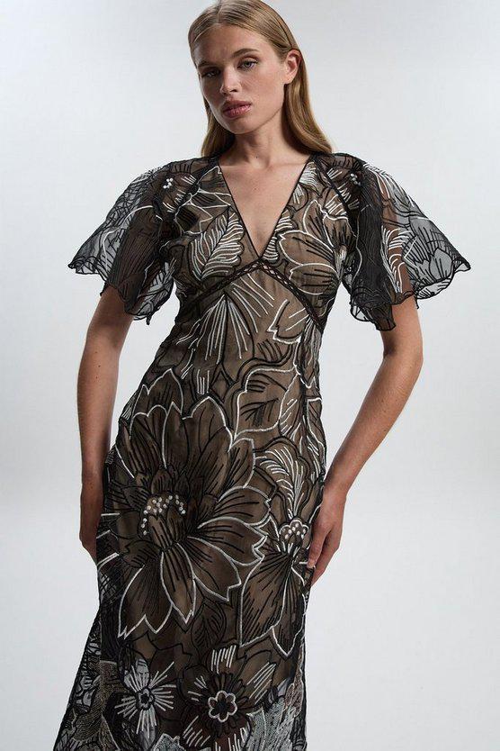 Karen Millen UK SALE Hand Embroidered And Sequin Organdie Deep V Woven Maxi Dress