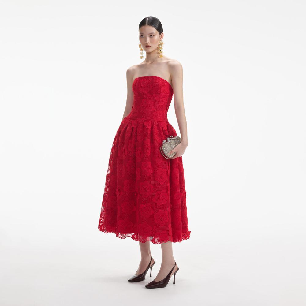 SELF PORTRAIT VIP SS24 Red Bandeau Lace Midi Dress