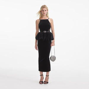 SELF PORTRAIT SS24 Black Velvet Peplum Midi Dress