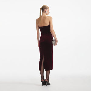 SELF PORTRAIT SS24 Burgundy Velvet Midi Dress