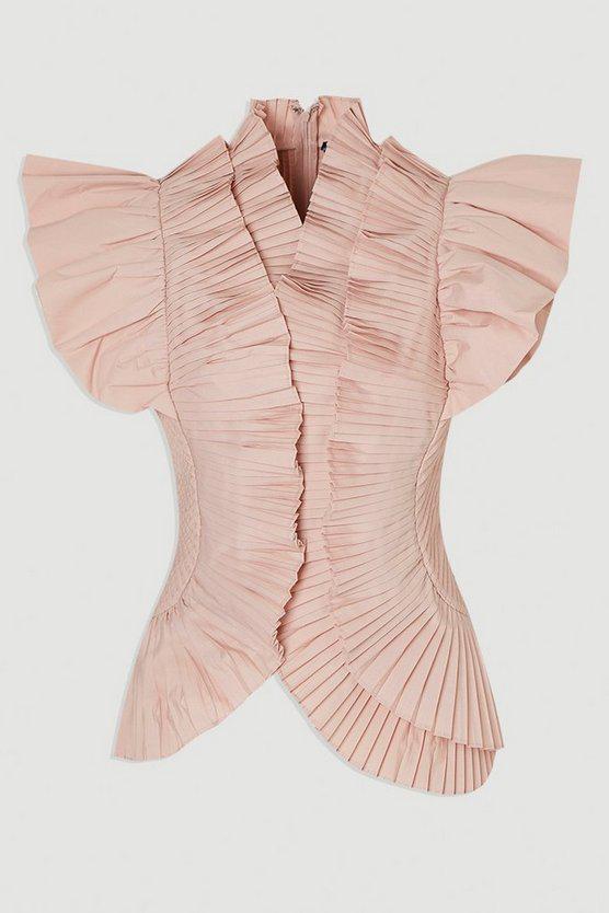 Karen Millen UK SALE Pleated Ruffle Sleeve Woven Top - blush