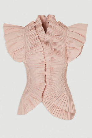Karen Millen UK SALE Pleated Ruffle Sleeve Woven Top - blush