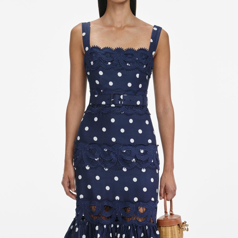 SP VIP PRICE Navy Polka Dot Linen Midi Dress