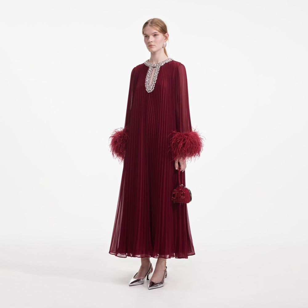 SELF PORTRAIT SS24 Burgundy Chiffon Feather Midi Dress