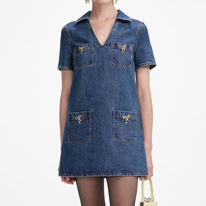 SP VIP PRICE Denim Crystal Bow Mini Dress