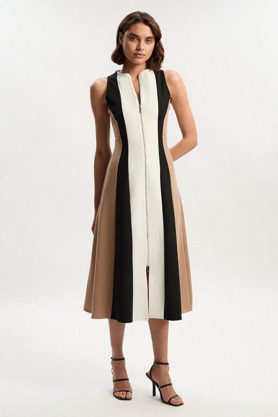 Karen Millen UK SALE Compact Stretch Zip Through Colourblock Tailored Midi Dress