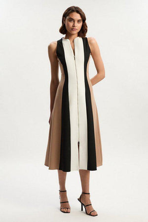 Karen Millen UK SALE Compact Stretch Zip Through Colourblock Tailored Midi Dress
