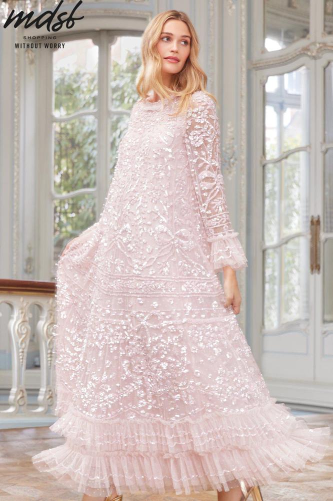 Needle & Thread CHRISTMAS SALE Celia Long Sleeve Ankle Gown - pink