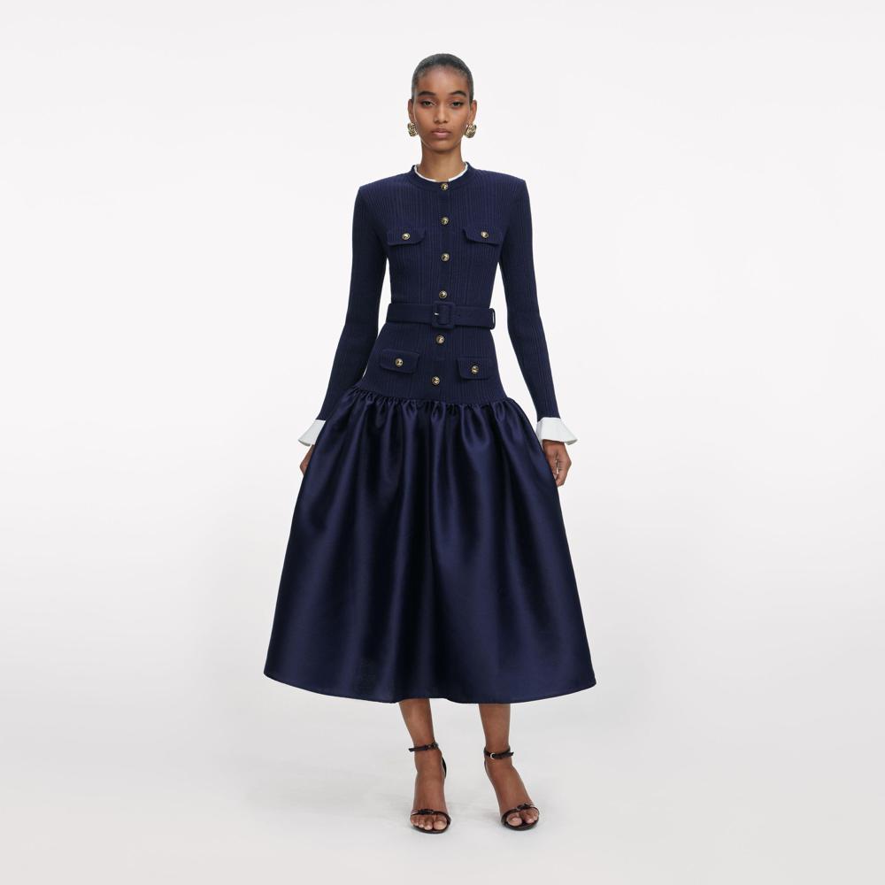 SP VIP PRICE Navy Knit Taffeta Midi Dress