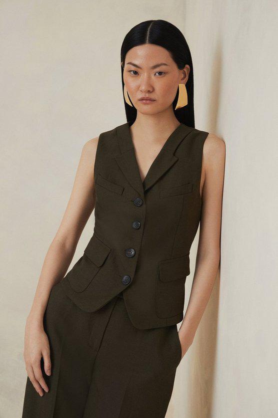 Karen Millen UK SALE The Founder Premium Tailored Tencel Linen Pocket Detail Waistcoat - khaki