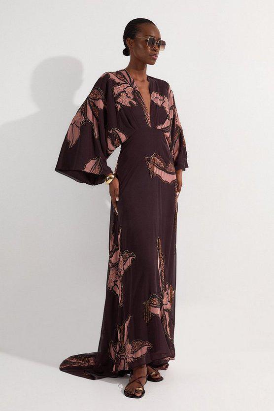 Karen Millen UK SALE Drama Kimono Sleeve Printed And Beaded Woven Maxi Dress