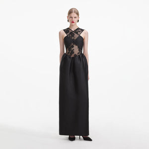 SELF PORTRAIT SS24 Black Lace Taffeta Maxi Dress