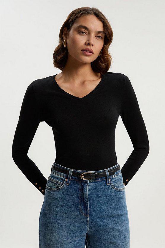 Karen Millen UK SALE Viscose Blend Knitted V Neck Jumper - black