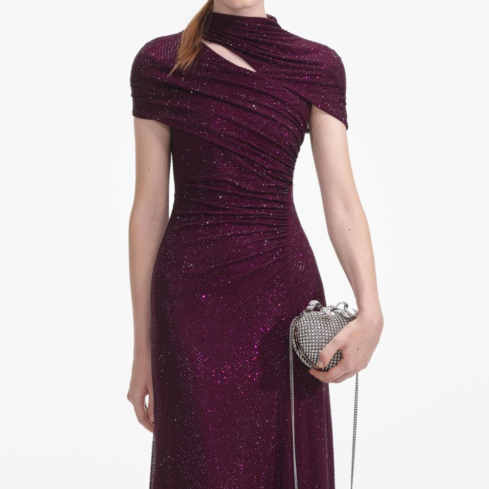 SELF PORTRAIT SS24 Burgundy Rhinestone Mesh Cut Out Midi Dress