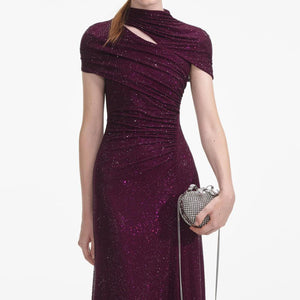 SELF PORTRAIT VIP SS24 Burgundy Rhinestone Mesh Cut Out Midi Dress