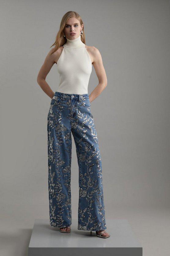 Karen Millen UK SALE Denim All Over Floral Sequin Wide Leg Trousers - mid blue