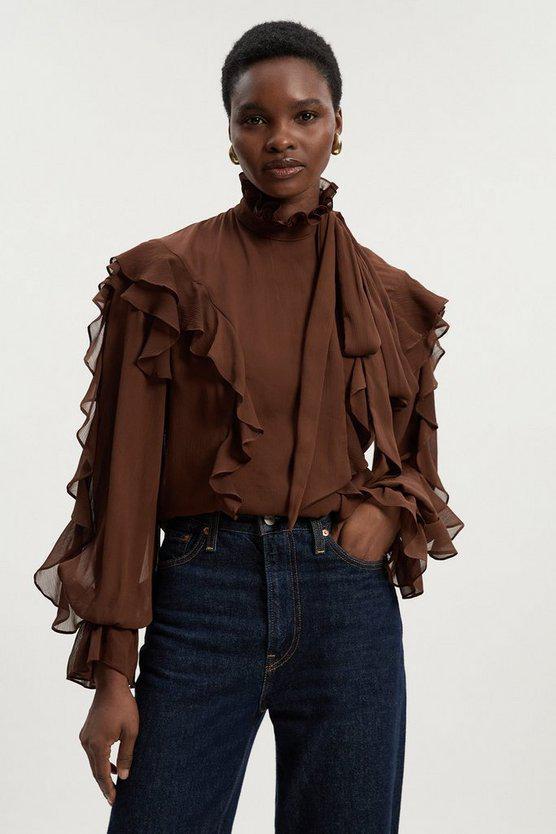 Karen Millen UK SALE Georgette Ruffle Woven Pussy Bow Blouse - chocolate