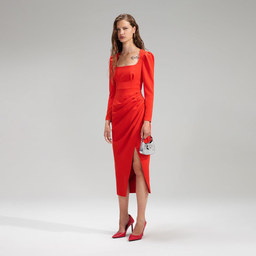 SELF PORTRAIT BLACK FRIDAY SALE Red Crepe Ruched Midi Dress