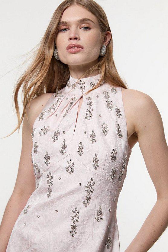 Karen Millen UK SALE Texture Jacquard Crystal Embellished High Neck Woven Mini Dress - pink