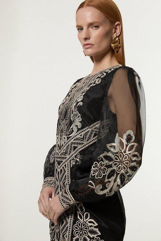 Karen Millen UK SALE Embroidered Organdie Balloon Woven Mini Dress - black
