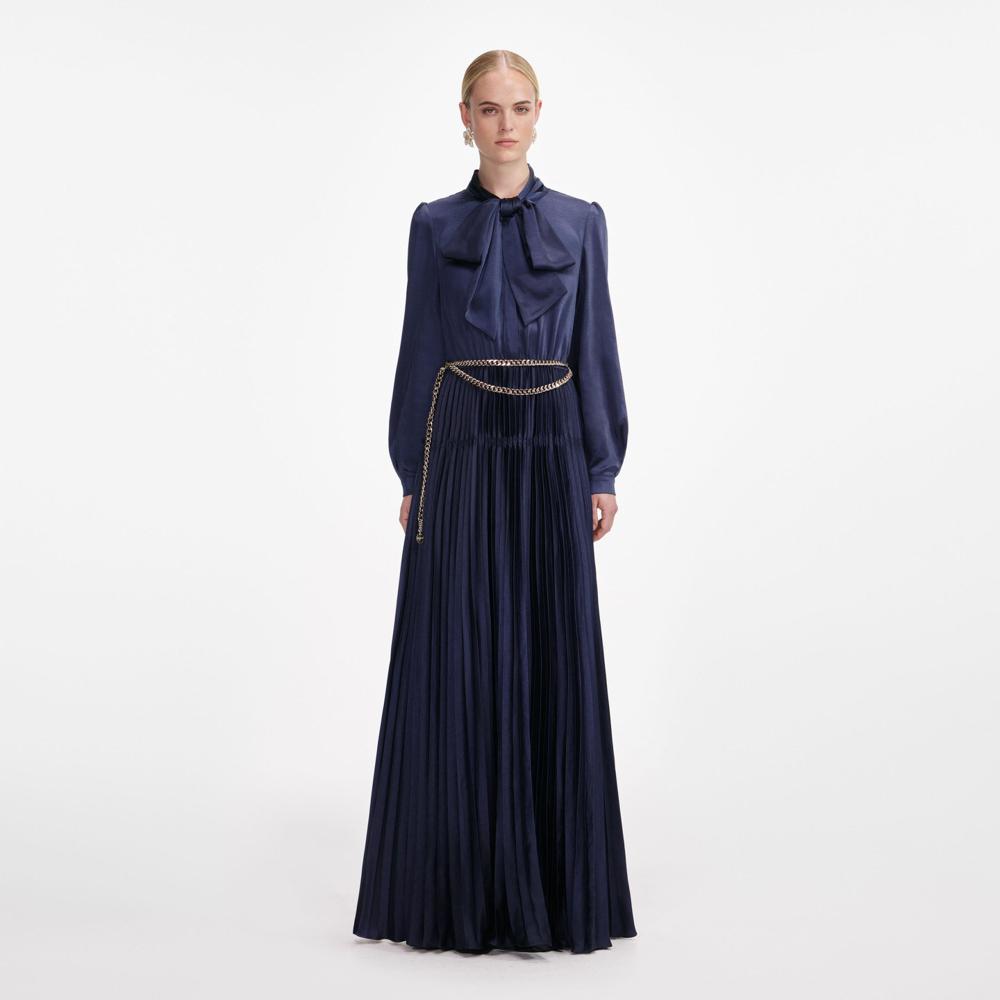 SP VIP PRICE Navy Satin Pussy Bow Maxi Dress