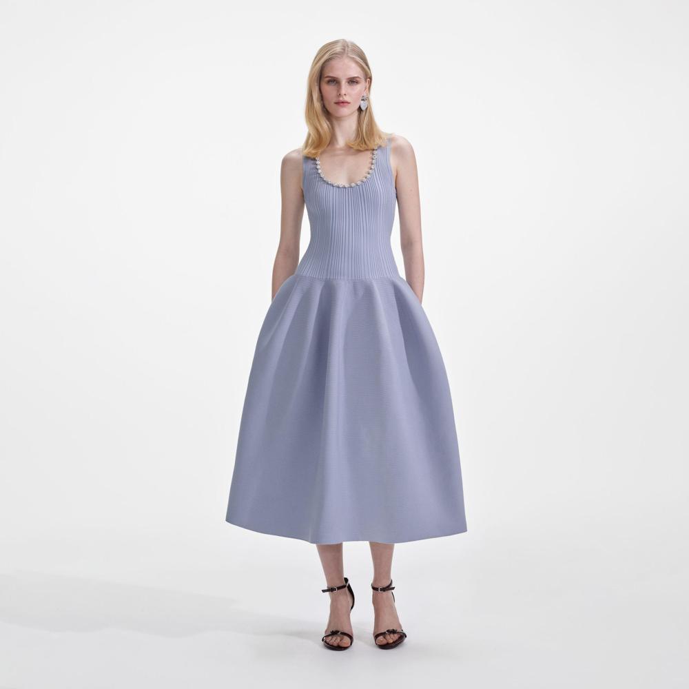 SP VIP PRICE Blue Ribbed Knit Diamante Midi Dress