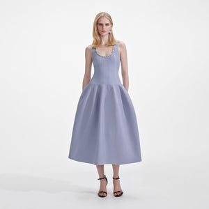 SP VIP PRICE Blue Ribbed Knit Diamante Midi Dress