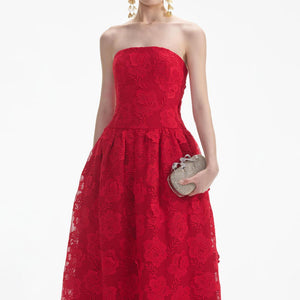 SELF PORTRAIT VIP SS24 Red Bandeau Lace Midi Dress