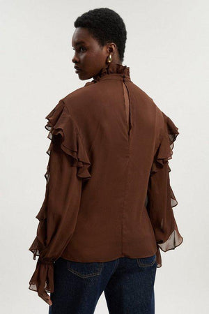 Karen Millen UK SALE Georgette Ruffle Woven Pussy Bow Blouse - chocolate
