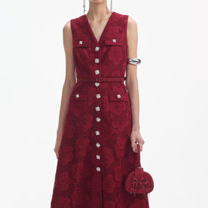 SELF PORTRAIT SS24 Burgundy Lace Buttoned Midi Dress