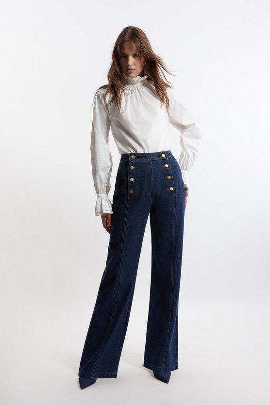 Karen Millen UK SALE Denim Tailored Button Front Straight Leg Jeans - indigo