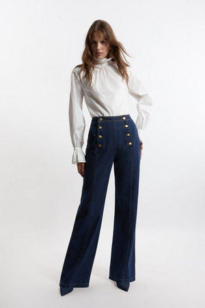 Karen Millen UK SALE Denim Tailored Button Front Straight Leg Jeans - indigo