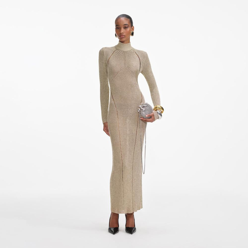 SELF PORTRAIT SS24 Gold Lurex Knit Maxi Dress