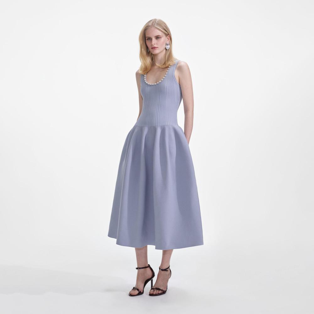 SP VIP PRICE Blue Ribbed Knit Diamante Midi Dress