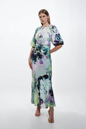 Karen Millen UK SALE Spring Floral Printed Hammered Satin Woven Midi Dress