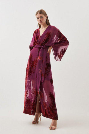 Karen Millen UK SALE Feather Devore Woven Kimono Maxi Dress - fig