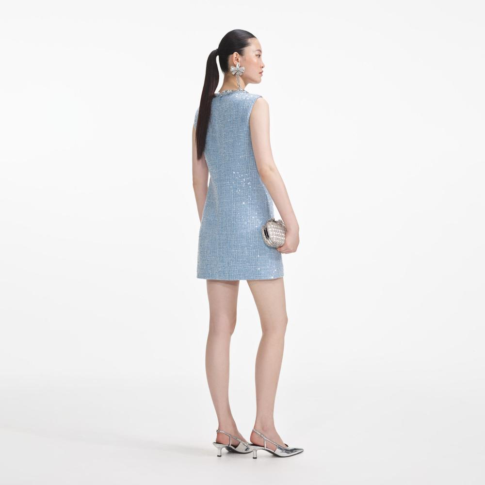 SELF PORTRAIT SS24 Blue Sequin Boucle Mini Dress