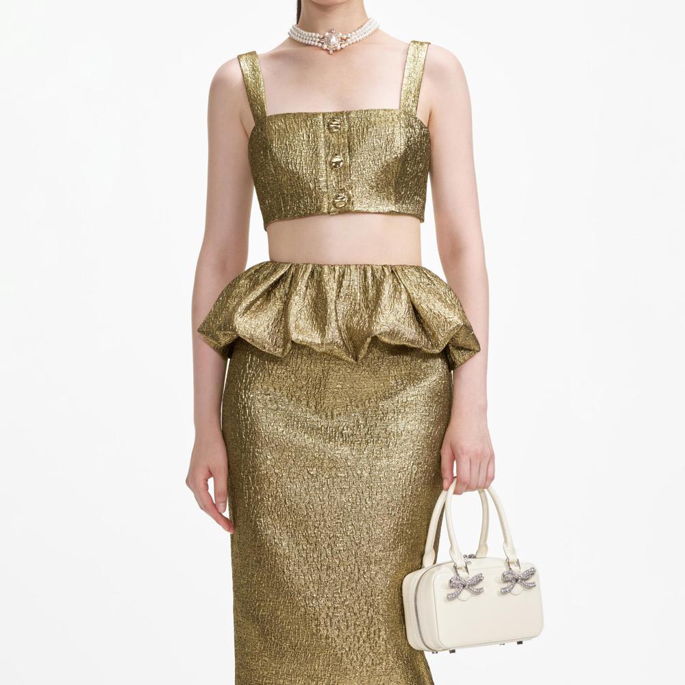 SELF PORTRAIT SS24 Gold Metallic Jacquard Midi Skirt