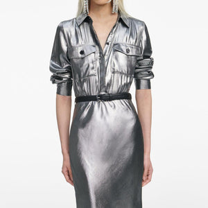 SP VIP PRICE Silver Metallic Crinkle Maxi Dress