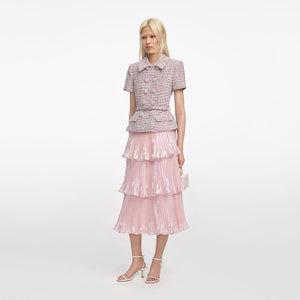 SP VIP PRICE Pink Boucle Metallic Tiered Midi Dress