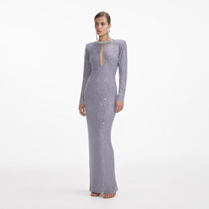 SELF PORTRAIT SS24 Grey Rhinestone Fishnet Maxi Dress