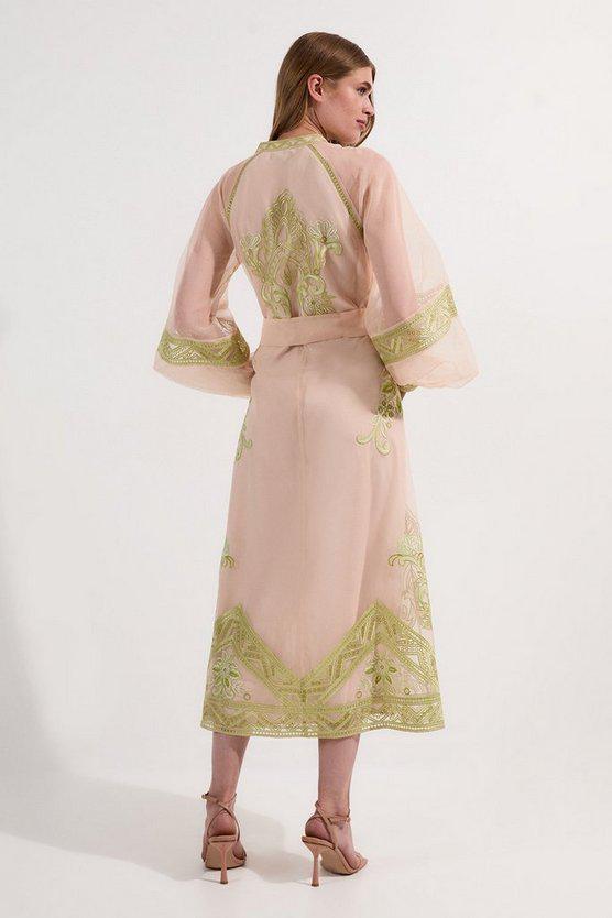 Karen Millen UK SALE Embroidered Organdie Balloon Sleeve Woven Maxi Dress - lime