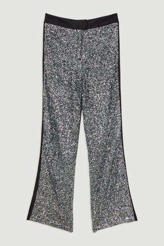 Karen Millen UK SALE Sequin High Waisted Wide Leg Trousers - gun metal