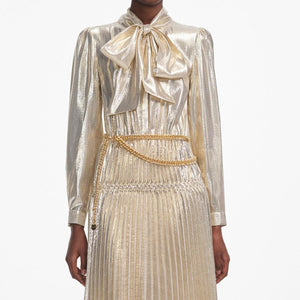 SP VIP PRICE Gold Metallic Tie Neck Midi Dress