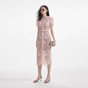 SELF PORTRAIT SS24 Pink Lace Diamante Bow Midi Dress