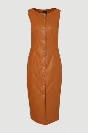 Karen Millen UK SALE Faux Leather Button Detail Midi Pencil Dress - camel