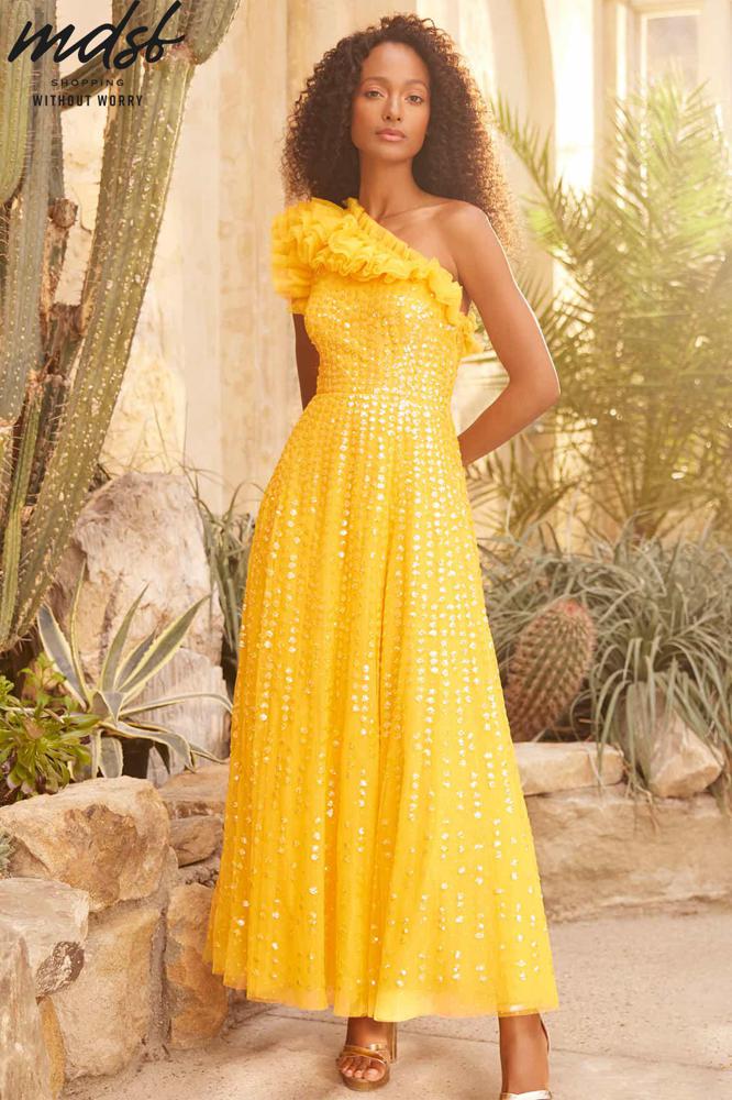 Needle & Thread CHRISTMAS SALE Raindrop One-Shoulder Ankle Gown - yellow